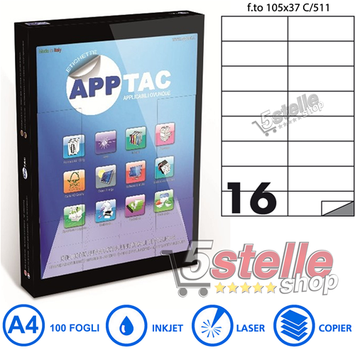 5 Stelle Shop  APPTAC 100 FOGLI A4 DA 1600 ETICHETTE C511 105x37 mm SENZA  MARGINE CARTA ADESIVA BIANCA PER STAMPANTI INKJET E LASER