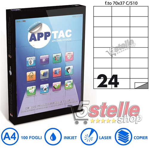 5 Stelle Shop  APPTAC 100 FOGLI A4 DA 2400 ETICHETTE C510 70x37 mm SENZA  MARGINE CARTA ADESIVA BIANCA PER STAMPANTI INKJET E LASER