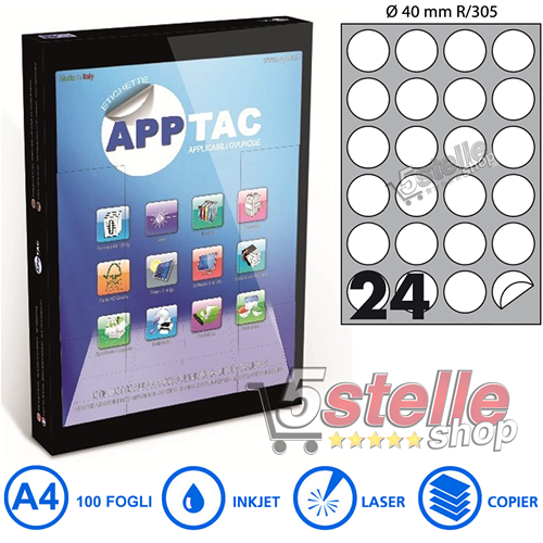 5 Stelle Shop  APPTAC 100 FOGLI A4 DA 2400 ETICHETTE ROTONDE R305