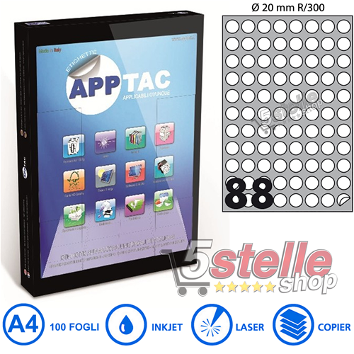 5 Stelle Shop  APPTAC 100 FOGLI A4 DA 8800 ETICHETTE ROTONDE R300