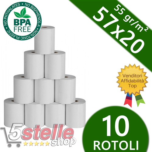 5 Stelle Shop  10 ROTOLI TERMICI MM 57X20 MT FORO 12 Ø40 MM PER  CALCOLATRICI OLIVETTI LOGOS 904T 914T CARTA TERMICA TOP QUALITY BPA FREE