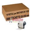 10 ROTOLI ETICHETTE ADESIVE COMPATIBILE BROTHER DK-11202 62x100 MM PER QL 500 550 560 570 580N 650TD 700 710 720 1050 1060N SUPPORTO INCLUSO