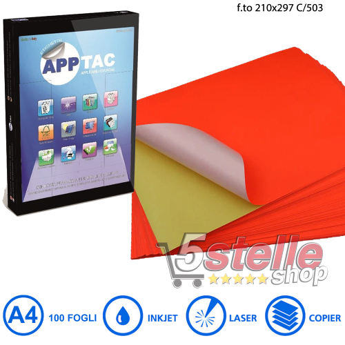 5 Stelle Shop  APPTAC 100 FOGLI A4 DA 100 ETICHETTE C503 210x297 mm SENZA  MARGINE CARTA ADESIVA COLORATA ROSSO FLUO PER STAMPANTI INKJET E LASER