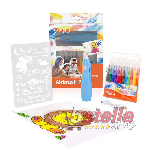 5 Stelle Shop  KIT PENNA AEROGRAFO SPRAY PER BAMBINI PEACH AIRBRUSH PO150  + STENCIL + COLORI ACQUA