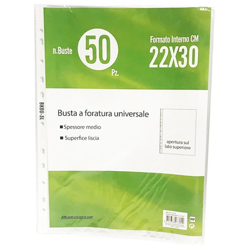 5 Stelle Shop  CONF. 50 BUSTE A4 TRASPARENTI LUCIDE CON FORI - SPESSORE  MEDIO - 22x30cm